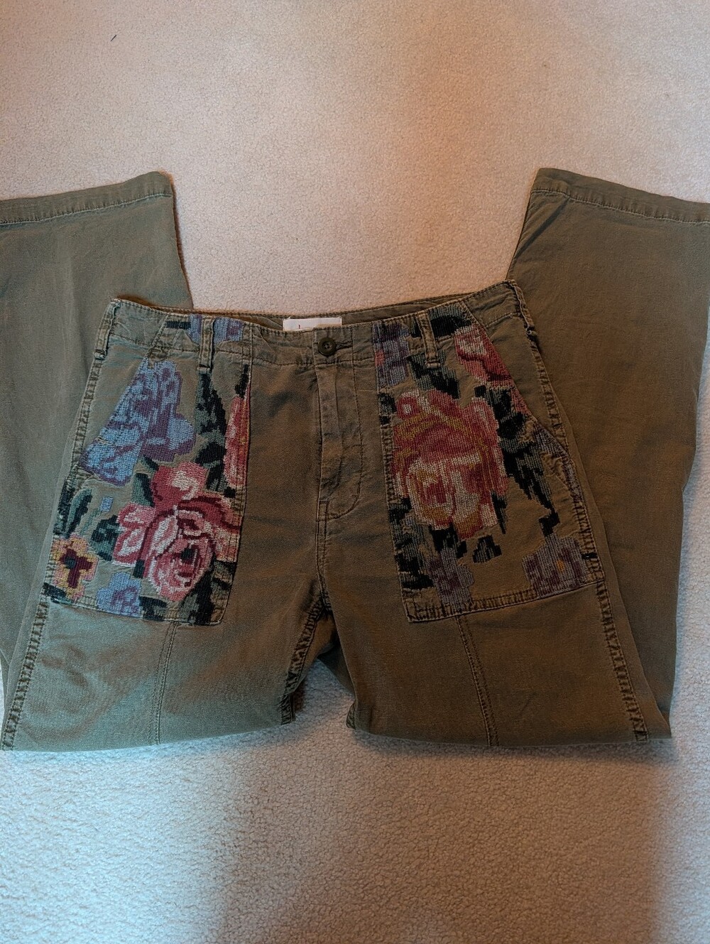 Anthropologie Olive Green Pants with Floral Patch Pockets